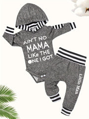2pcs, Infant Baby Boys Cute Casual Outfits, AiN'T NO MAMA LiKe THE ONE I GOT Letter Print Hooded Long Sleeve Romper + Trousers Suit