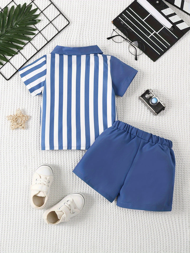 2pcs Infant & Toddler's Vertical Stripe Pattern Summer Outfit, Short Sleeve Shirt & Casual Shorts, Baby Boy's Clothes