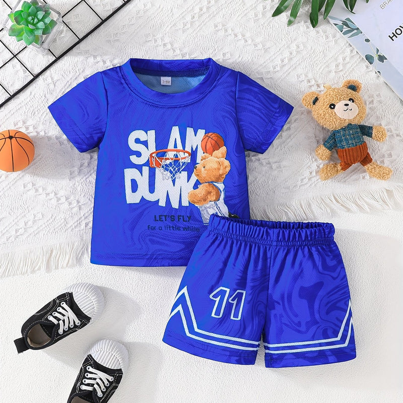 2pcs Cartoon Bear Basketball Player Print Sporty Style Outfit For Infant & Toddler, T-shirt & Elastic Waist Shorts, Baby Boy's Clothes
