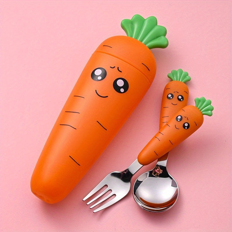 1pc/1set Portable Carrot Tableware, Creative Cartoon Children's Fork Spoon With Handle For Toddlers Kids