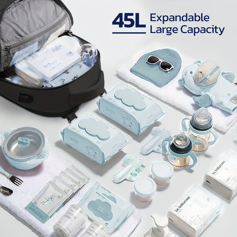 7.66gal-11.89gal Expandable High Quality Diaper Backpack for 2 Kids/Twins - TSA-Approved Large Baby Bag with Removable Crossbody Bottle Bag, Multiple Compartments & Padded Straps, Stylish Black Polyester Gift for Moms & Dads,