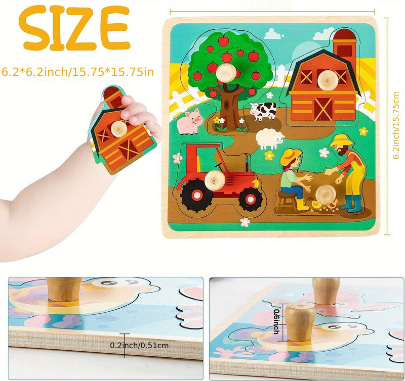 4pcs Wooden Toddler Puzzles, Funsland Peg Puzzles Gifts Toys, Animal Patterns Jigsaw with Handles, Infant Kid Fine Motor Skill Learning Educational Puzzles for 1 2 3 Years Old