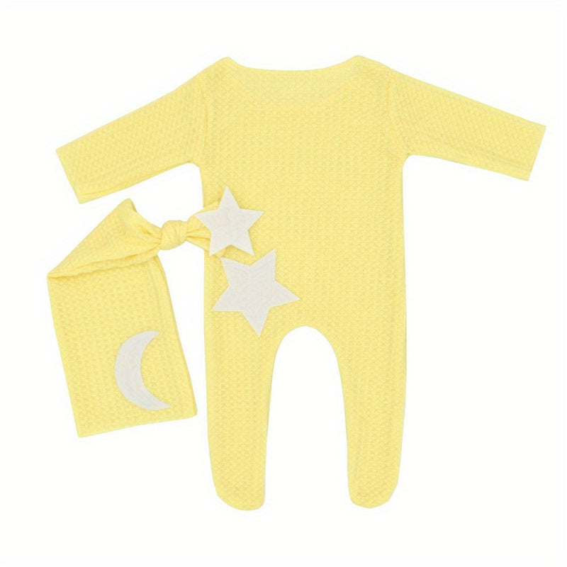 2pcs/Set Newborn Baby Stars and Moon Decoration Knitted Jumpsuit Long Tail Hat Two-piece Suit Photography Props Bodysuit Studio Outfits Clothing