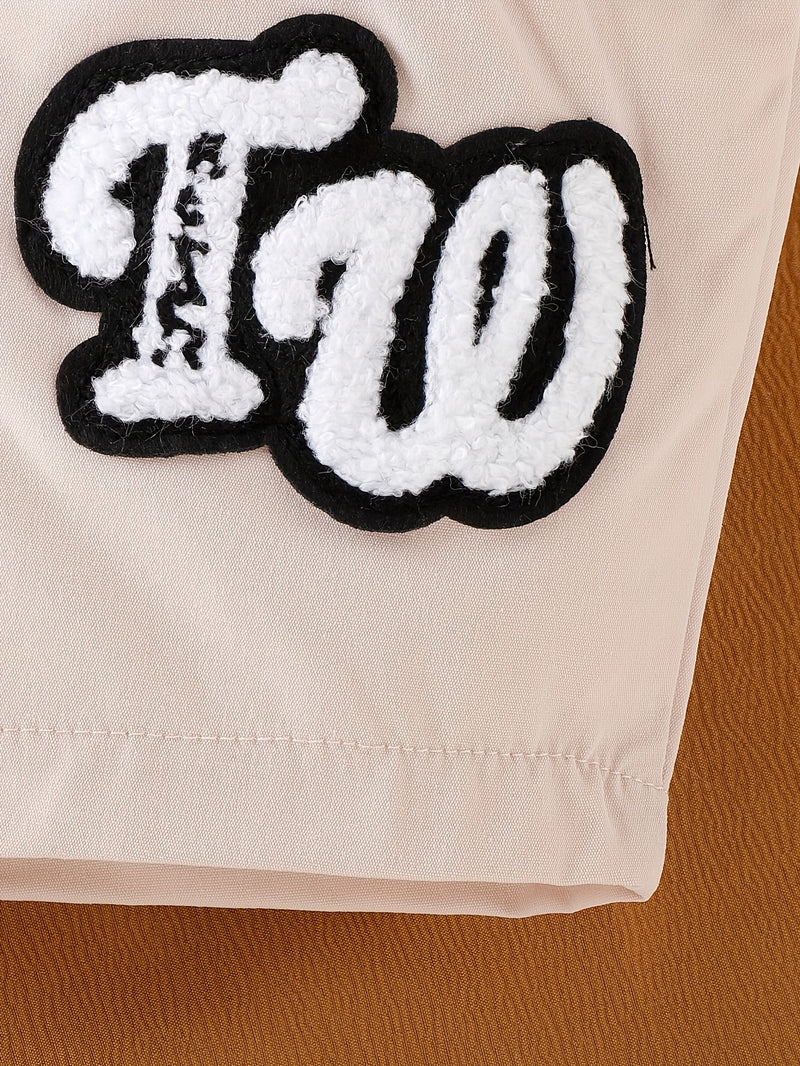 2pcs Infant & Toddler's Letter & Bear Patchwork Summer Set, Color Clash Short Sleeve Shirt & Casual Shorts, Baby Boy's Clothes