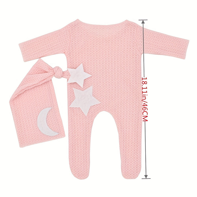2pcs/Set Newborn Baby Stars and Moon Decoration Knitted Jumpsuit Long Tail Hat Two-piece Suit Photography Props Bodysuit Studio Outfits Clothing