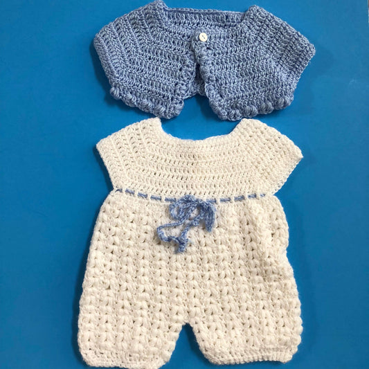 Crocheted, Infant Romper, White w/ Blue Shrug