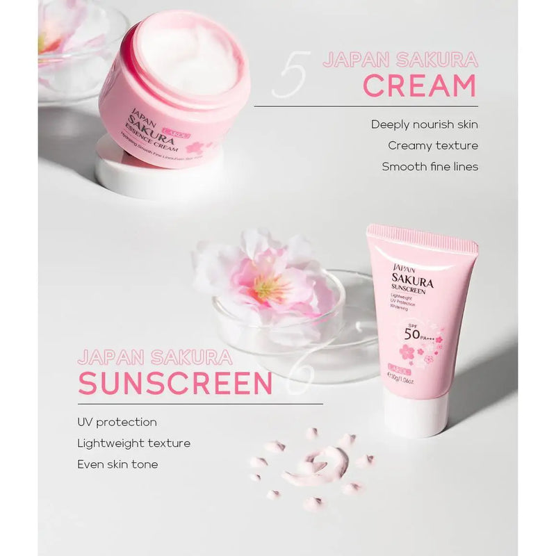 Japan Sakura Skin Care Set – 6-in-1 Beauty Gift Set for Women | Cleanser, Toner, Lotion, Serum, Eye Cream & Face Cream | Travel Size Kit