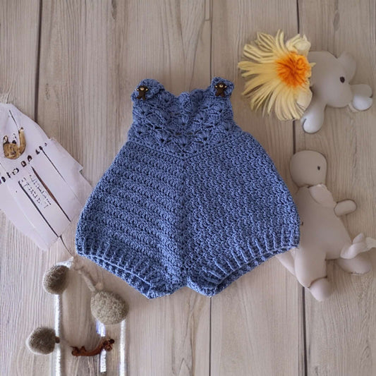 Crocheted, Infant Romper, Blue Gemma