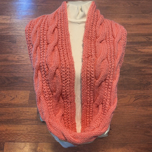 Scarf, Infinity Knit,  Cabled, Coral