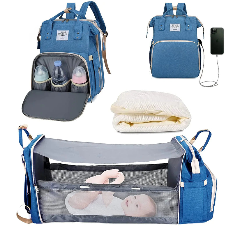 3 In 1 Diaper Bag Backpack Foldable Baby Bed