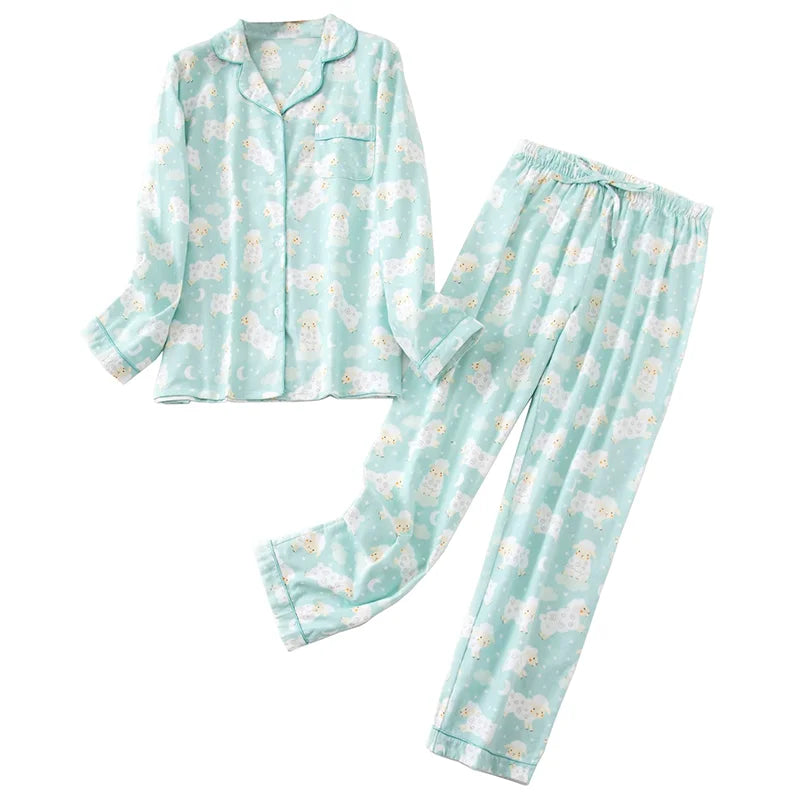 Women's Cotton Sleepwear Set Button up Top Long Pants Sleepwear Casual and Comfortable Warm Winter Printed Sleepwear Set