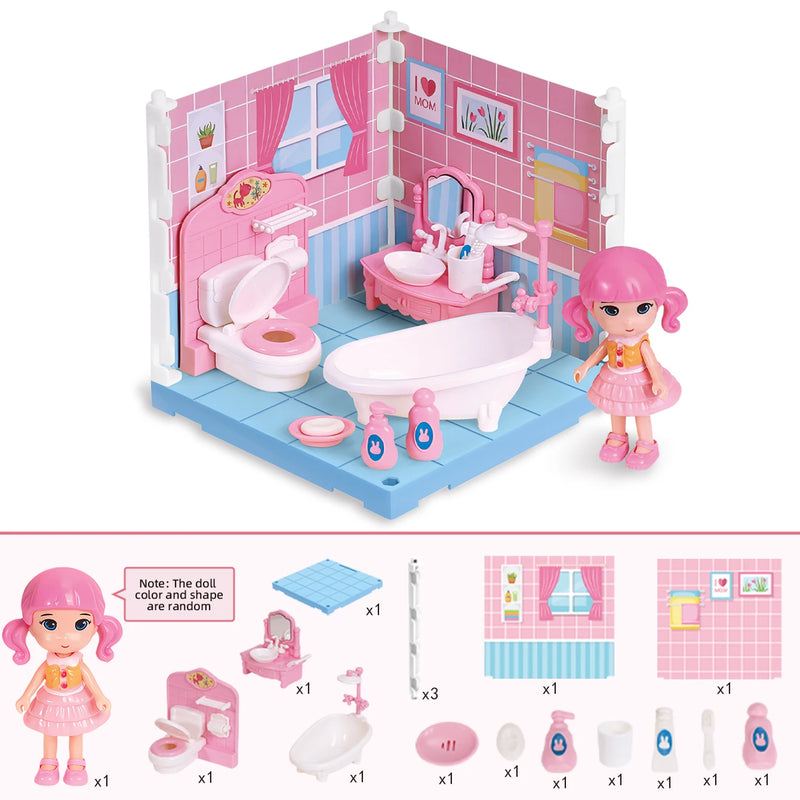 Children's house play toy set, realistic bedroom, bathroom, kitchen and study furniture, birthday gift