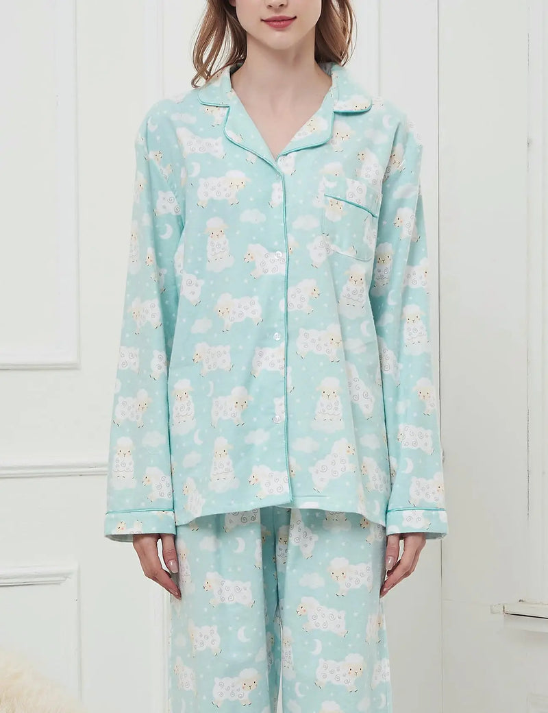 Women's Cotton Sleepwear Set Button up Top Long Pants Sleepwear Casual and Comfortable Warm Winter Printed Sleepwear Set