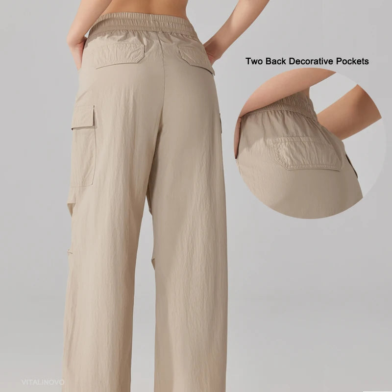 Women's Athletic Hiking Cargo Joggers Pants Outdoor Workout Lightweight Quick Dry UPF 50 Pockets Wide Leg Baggy Pants Parachute