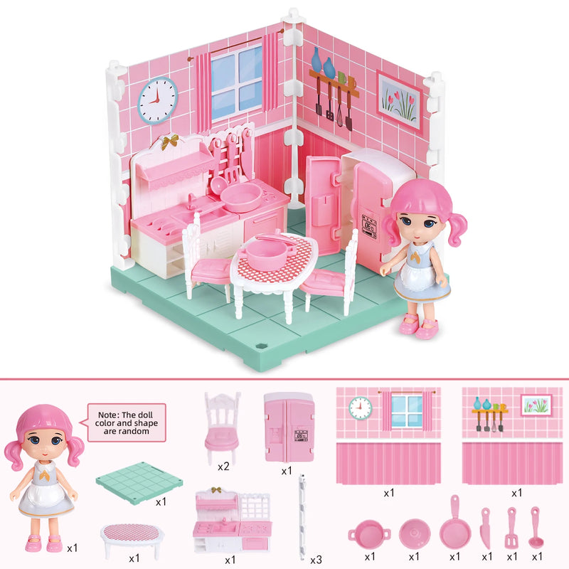Children's house play toy set, realistic bedroom, bathroom, kitchen and study furniture, birthday gift