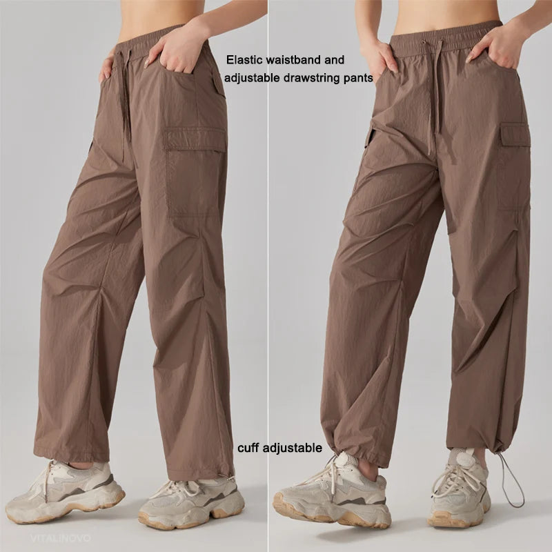Women's Athletic Hiking Cargo Joggers Pants Outdoor Workout Lightweight Quick Dry UPF 50 Pockets Wide Leg Baggy Pants Parachute
