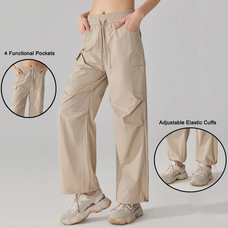 Women's Athletic Hiking Cargo Joggers Pants Outdoor Workout Lightweight Quick Dry UPF 50 Pockets Wide Leg Baggy Pants Parachute