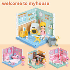 Children's house play toy set, realistic bedroom, bathroom, kitchen and study furniture, birthday gift