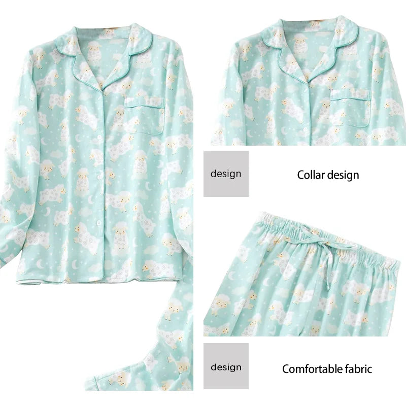 Women's Cotton Sleepwear Set Button up Top Long Pants Sleepwear Casual and Comfortable Warm Winter Printed Sleepwear Set