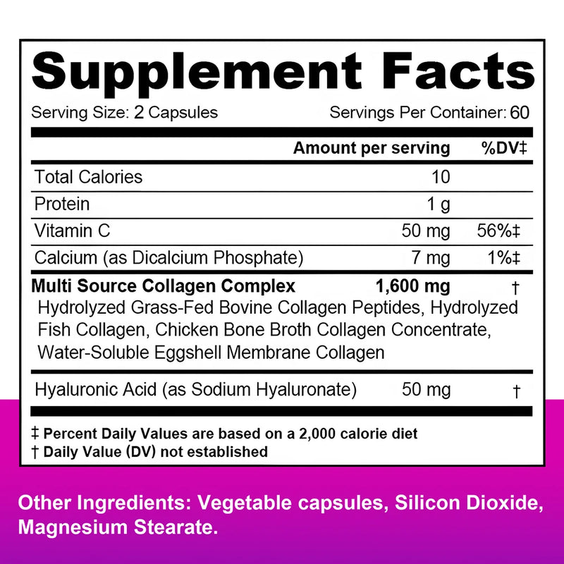 Multi-Collagen Supplement - with Vitamin C and Hyaluronic Acid Types I, II, III, V and X for Healthy Skin, Hair and Nails