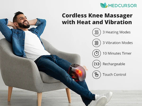 Cordless Knee Massager with Heat - 3 Heating Levels & 3 Vibration Modes for Arthritis Pain Relief, Adjustable Strap LED Display