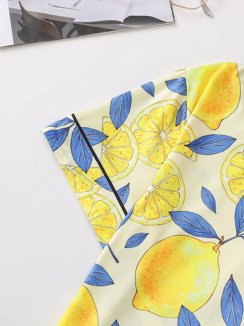 Yellow background lemon slice cardigan women's sleepwear set short sleeved top and loose pants comfortable women's sleepwear