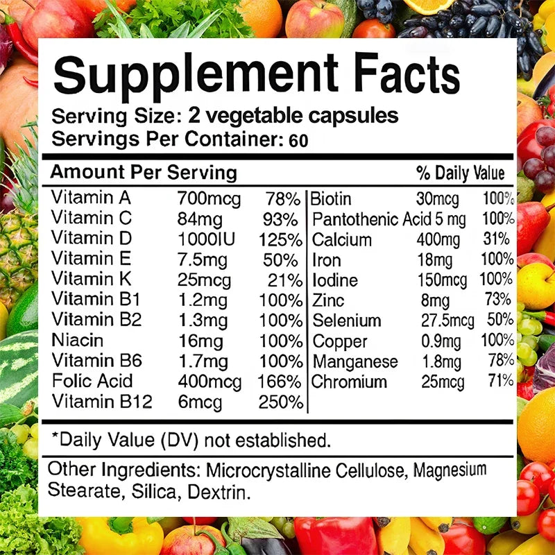 Multivitamin, supplement vitamins A, C, D, E, support bone immunity, brain, heart, digestive system and immune system health