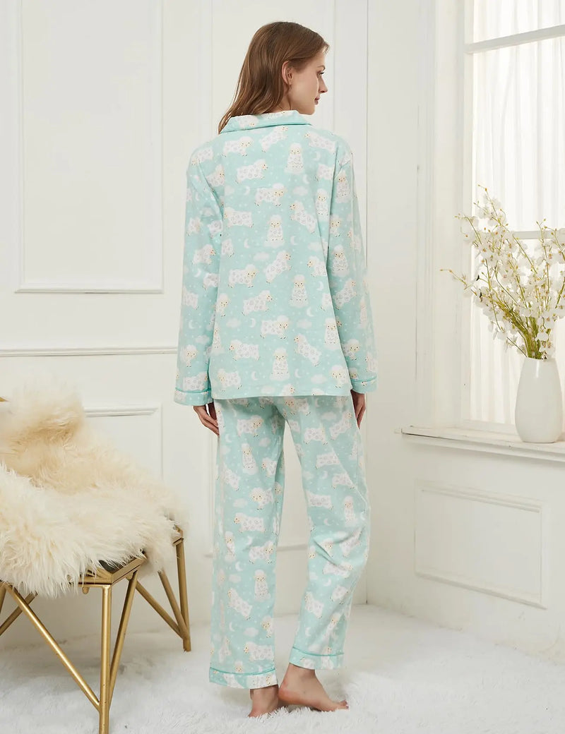 Women's Cotton Sleepwear Set Button up Top Long Pants Sleepwear Casual and Comfortable Warm Winter Printed Sleepwear Set