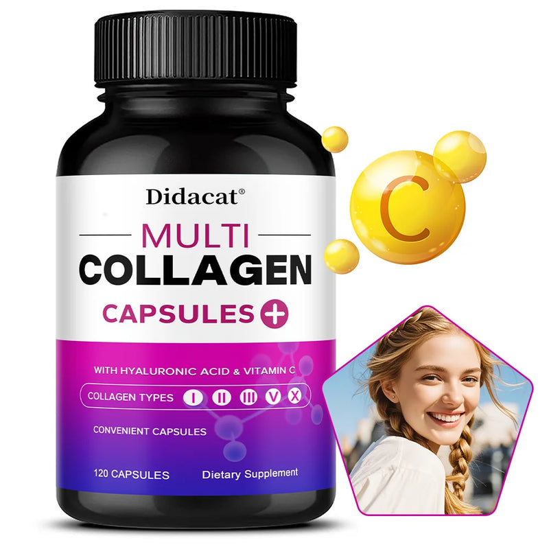 Multi-Collagen Supplement - with Vitamin C and Hyaluronic Acid Types I, II, III, V and X for Healthy Skin, Hair and Nails