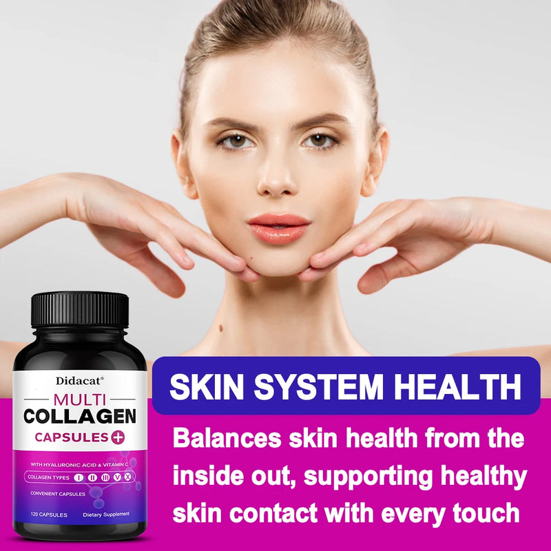 Multi-Collagen Supplement - with Vitamin C and Hyaluronic Acid Types I, II, III, V and X for Healthy Skin, Hair and Nails