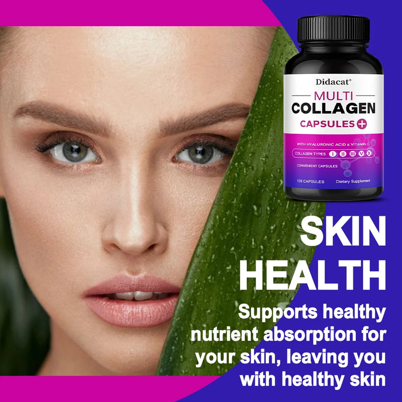 Multi-Collagen Supplement - with Vitamin C and Hyaluronic Acid Types I, II, III, V and X for Healthy Skin, Hair and Nails