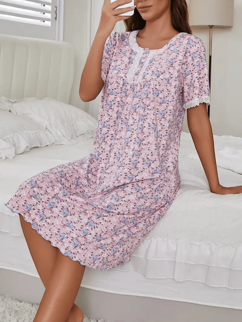 Romantic Sleepwear - Women's Elegant French Pink Floral Sleepwear - Short-sleeved Sleepwear with Romantic Lace Trim and Ruffled