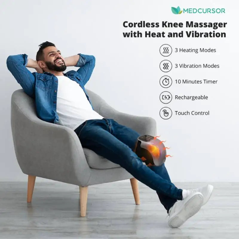 Cordless Knee Massager with Heat - 3 Heating Levels & 3 Vibration Modes for Arthritis Pain Relief, Adjustable Strap LED Display