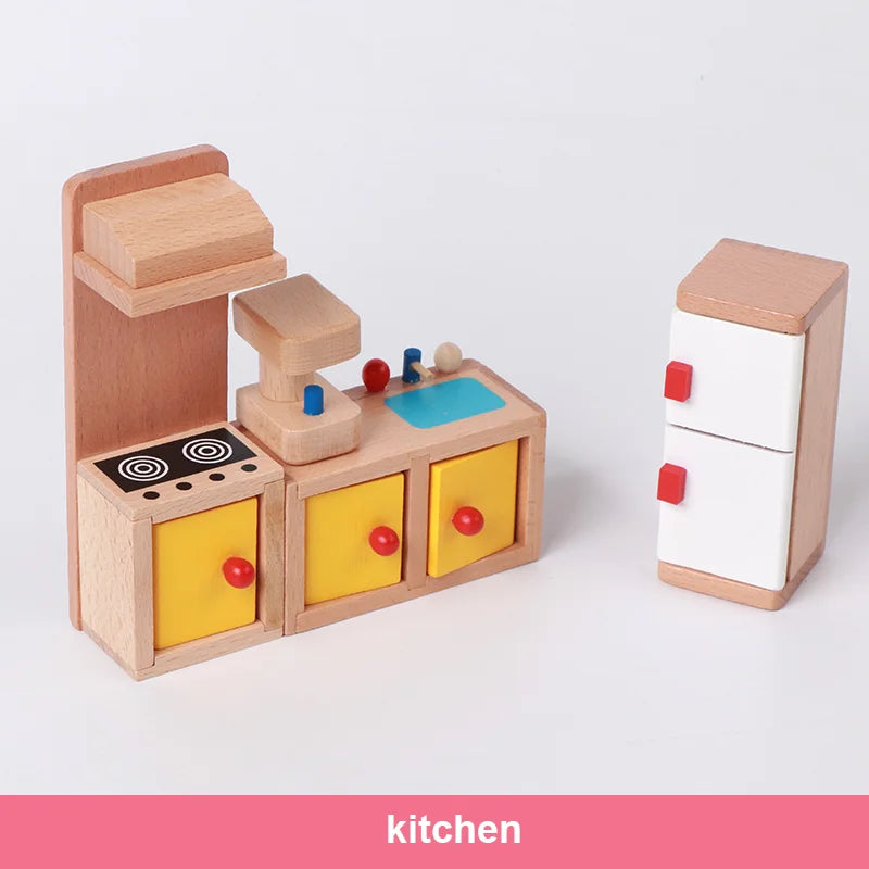 Wooden Mini Furniture Sets Kids Children House Play Toy - Bedroom, Living Room, Kitchen, Bathroom Accessories Boys Girl Gifts