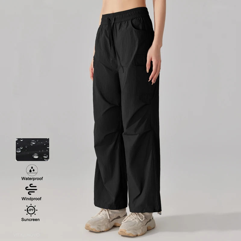 Women's Athletic Hiking Cargo Joggers Pants Outdoor Workout Lightweight Quick Dry UPF 50 Pockets Wide Leg Baggy Pants Parachute