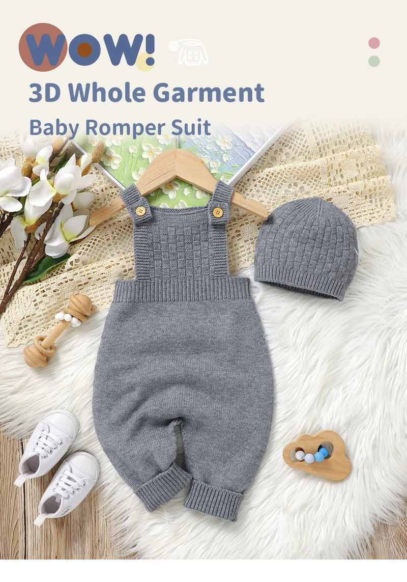Baby Rompers Hats Clothing Sets 0-18m Fashion Solid Color Knitted Newborn Infantil Boys & Girls Jumpsuits Playsuits Outfits 2pcs