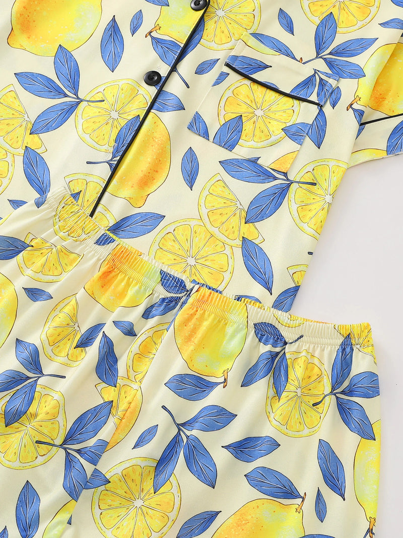 Yellow background lemon slice cardigan women's sleepwear set short sleeved top and loose pants comfortable women's sleepwear