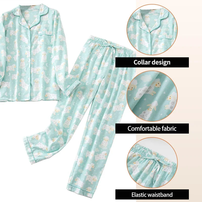 Women's Cotton Sleepwear Set Button up Top Long Pants Sleepwear Casual and Comfortable Warm Winter Printed Sleepwear Set
