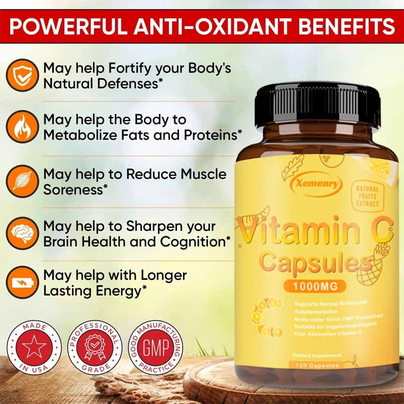 Vitamin C Capsules 1000mg - Supports Dental and Skin Health, Improves Immunity, Prevents Cancer, Antioxidant