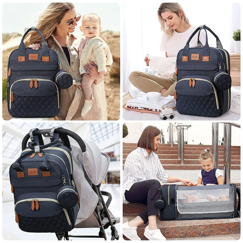 3 In 1 Diaper Bag Backpack Foldable Baby Bed