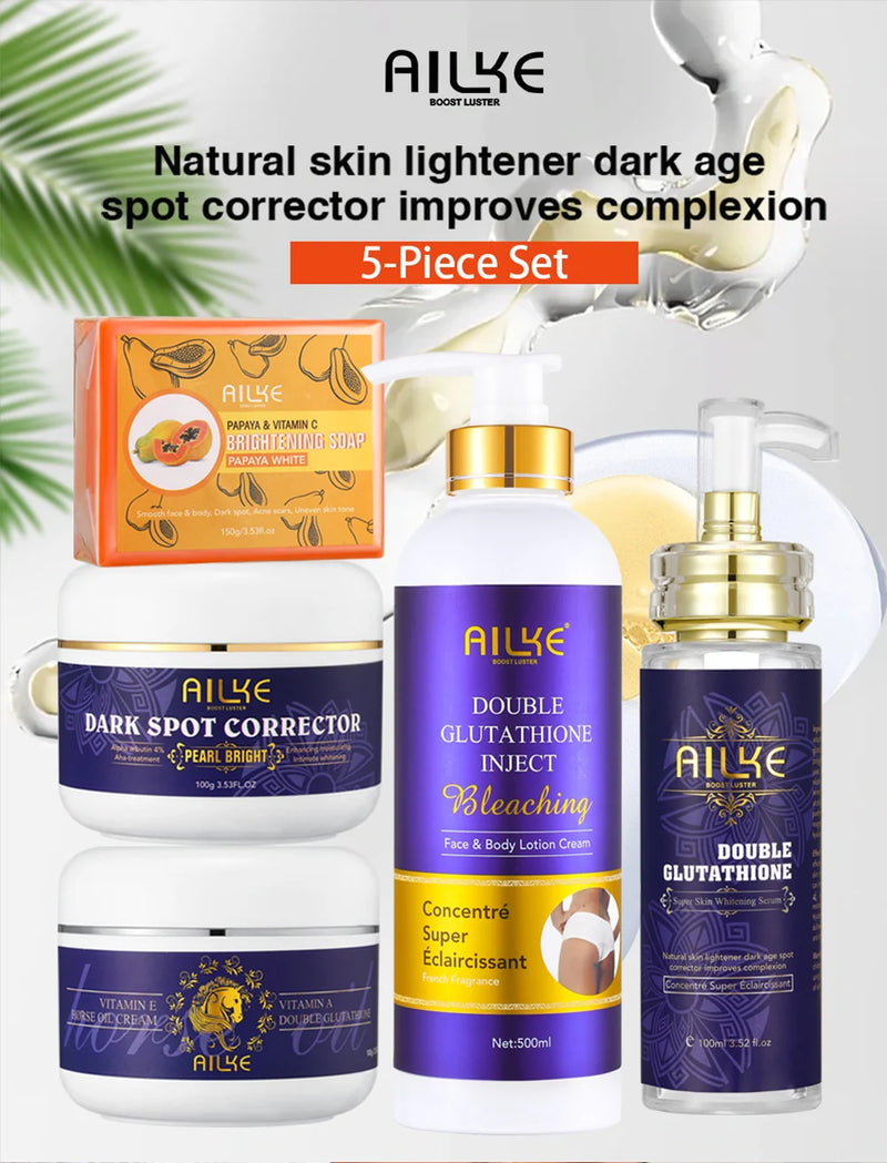 AILKE Glutathione 5-in-1 Women Skin Care Kit, With Body Lotion, Serum, Dark Spot Removal Cream, Body Cream, Brightening Soap