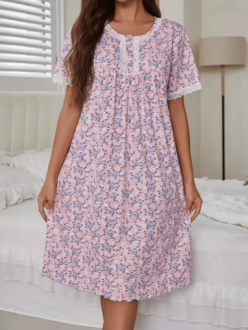 Romantic Sleepwear - Women's Elegant French Pink Floral Sleepwear - Short-sleeved Sleepwear with Romantic Lace Trim and Ruffled