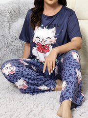 Milk silk sleepwear thin short sleeved long pants set  large size sleepwear  home sleepwear  cute style sleepwear
