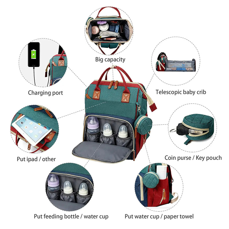 3 In 1 Diaper Bag Backpack Foldable Baby Bed
