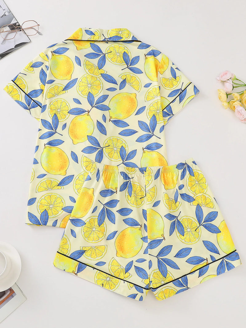Yellow background lemon slice cardigan women's sleepwear set short sleeved top and loose pants comfortable women's sleepwear