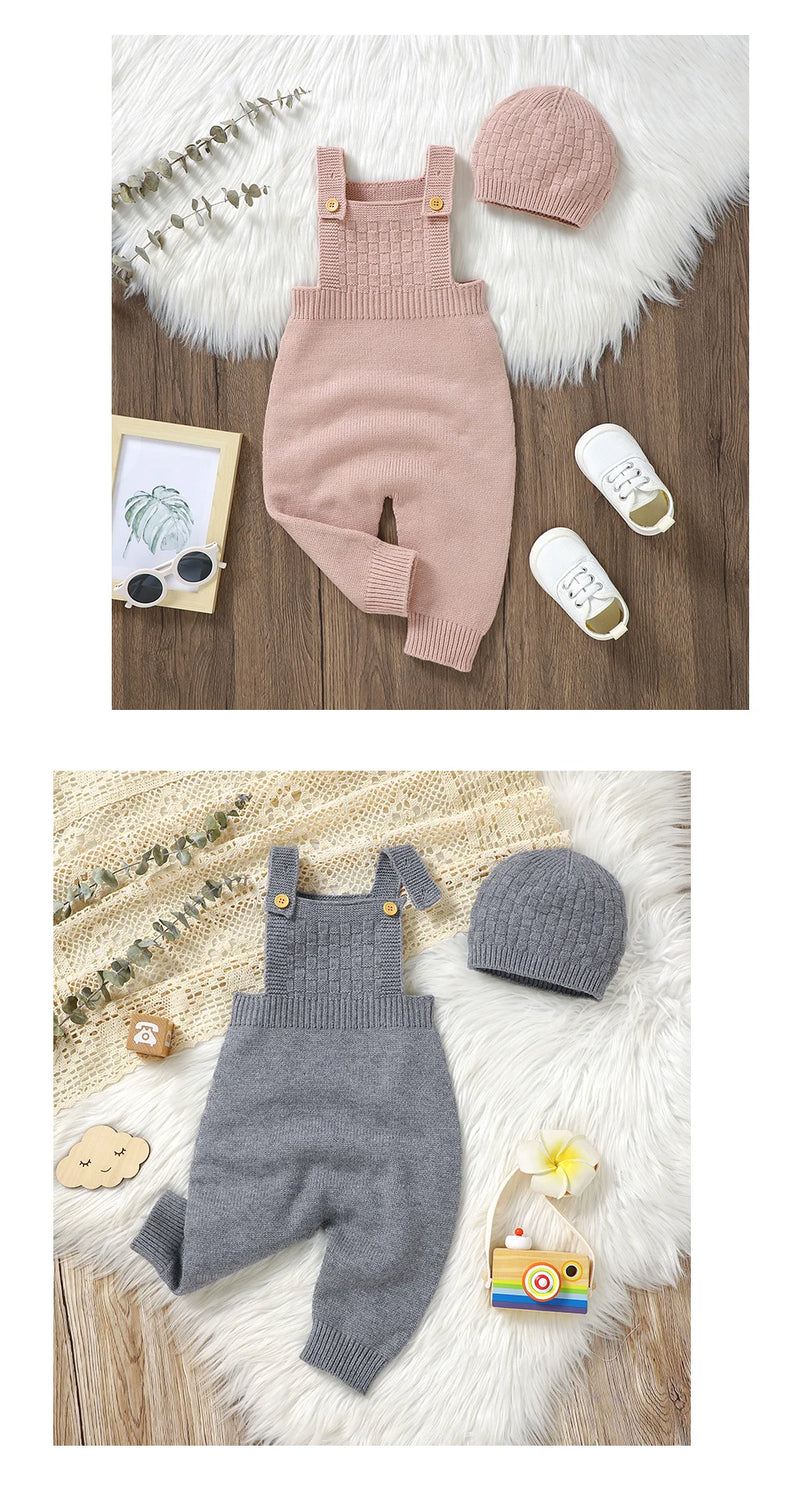 Baby Rompers Hats Clothing Sets 0-18m Fashion Solid Color Knitted Newborn Infantil Boys & Girls Jumpsuits Playsuits Outfits 2pcs