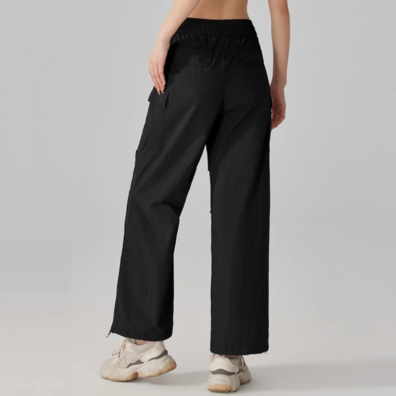 Women's Athletic Hiking Cargo Joggers Pants Outdoor Workout Lightweight Quick Dry UPF 50 Pockets Wide Leg Baggy Pants Parachute