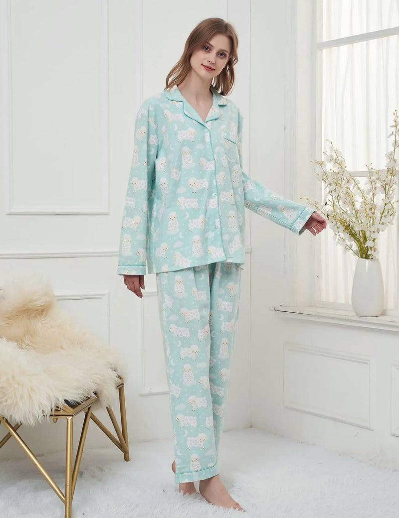 Women's Cotton Sleepwear Set Button up Top Long Pants Sleepwear Casual and Comfortable Warm Winter Printed Sleepwear Set