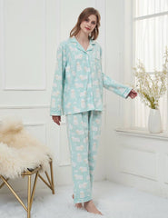 Women's Cotton Sleepwear Set Button up Top Long Pants Sleepwear Casual and Comfortable Warm Winter Printed Sleepwear Set