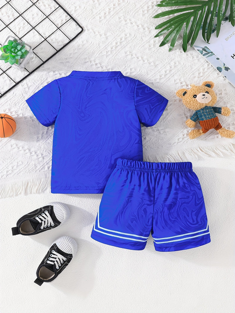 2pcs Cartoon Bear Basketball Player Print Sporty Style Outfit For Infant & Toddler, T-shirt & Elastic Waist Shorts, Baby Boy's Clothes